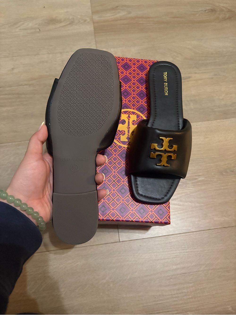 Tory Burch Black Leather Slide Sandals with Gold Logo - Picture 3 of 3